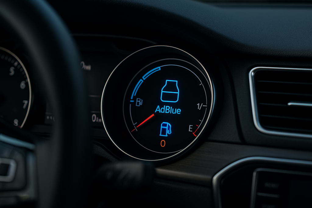 Aviso de nivel bajo de AdBlue en el cuadro de mandos de un coche diésel moderno