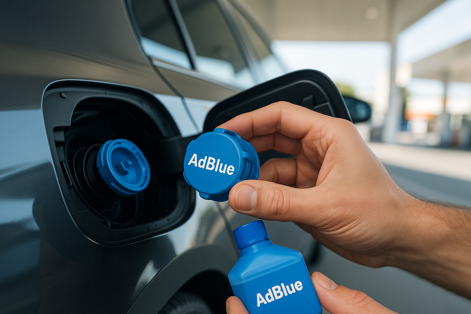 Repostaje de AdBlue en un coche diésel moderno en una gasolinera española