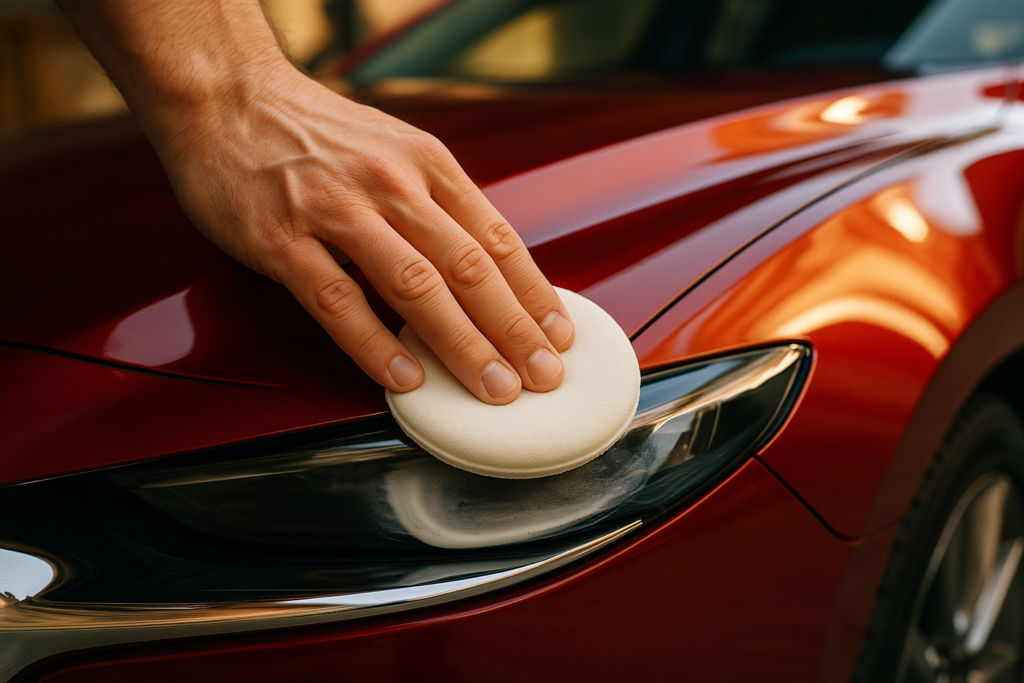 Aplicación de cera protectora sobre la pintura de un coche para protegerla del sol y la humedad en verano y otoño