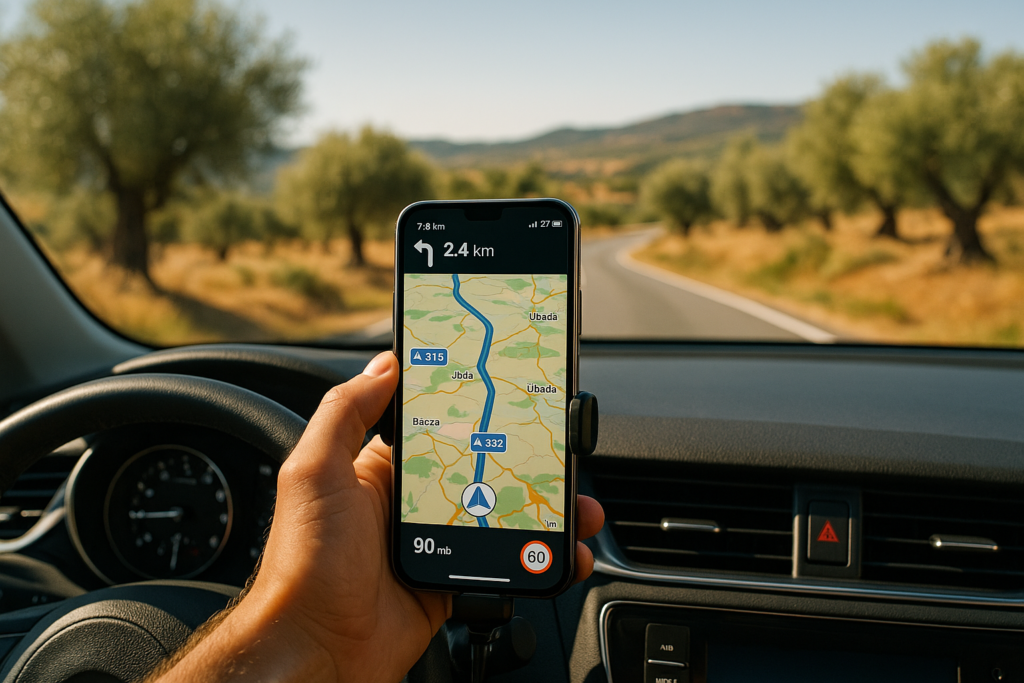 App de navegación en tiempo real en el salpicadero de un coche de renting durante un road trip por España