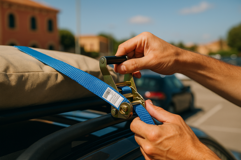 Persona asegurando la carga en las barras de techo del coche con cinchas homologadas antes de un viaje