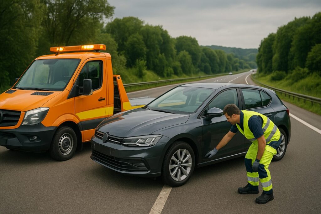 Servicio de asistencia en carretera ayudando a un coche de renting averiado en el extranjero