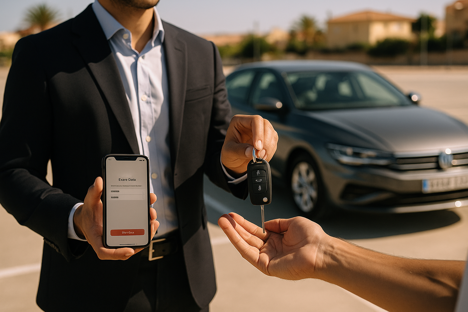 Persona entregando las llaves de su coche de renting mientras borra datos personales del móvil antes de la devolución