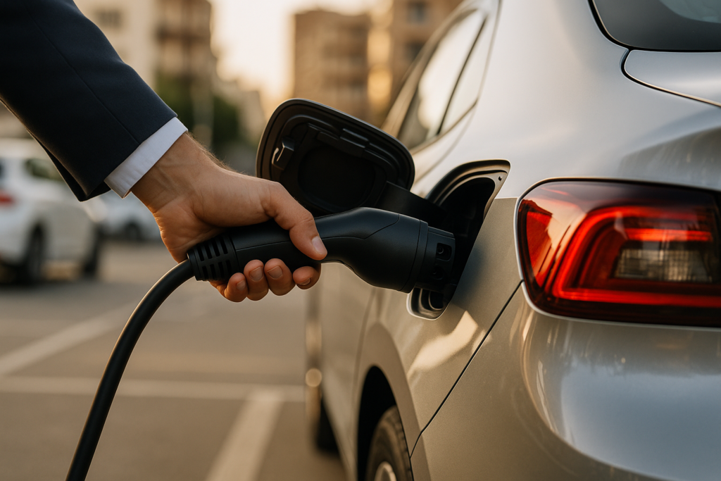 Carga ultrarrápida de coche eléctrico en estación de recarga, ventaja del renting eléctrico en España