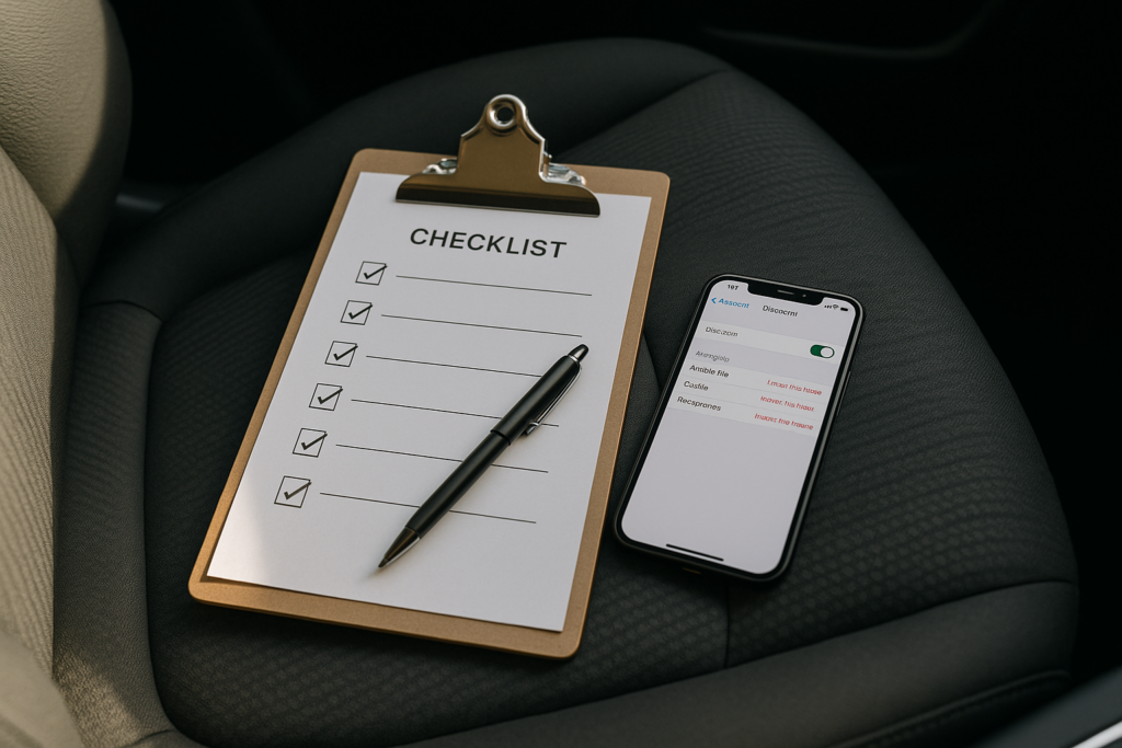 Lista de comprobación para borrar datos personales antes de devolver un coche de renting, junto a un smartphone con ajustes Bluetooth abiertos