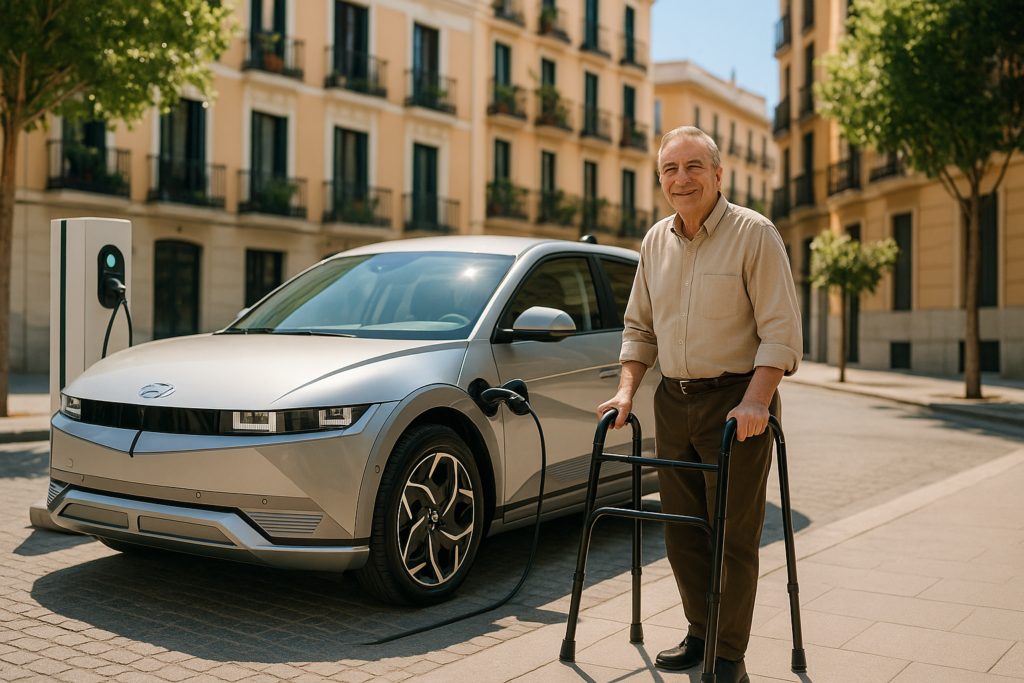 Vehículo eléctrico adaptado para movilidad reducida cargando en ciudad española