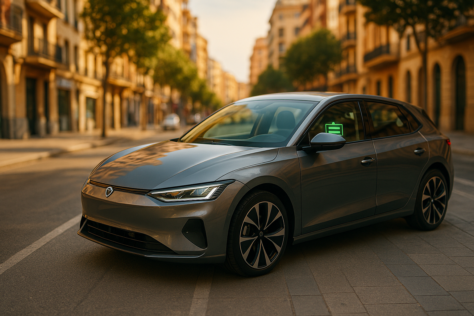 Coche eléctrico moderno aparcado en ciudad española transmitiendo seguridad y confianza en la movilidad eléctrica
