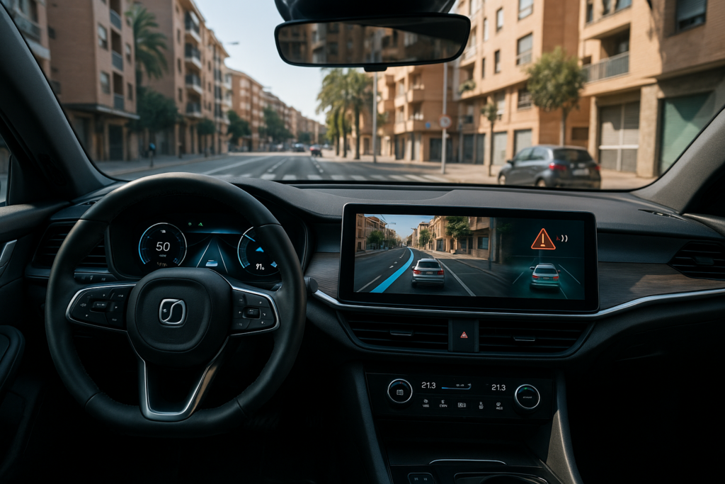 Interior de coche moderno con tecnología de seguridad ADAS y sistemas de asistencia a la conducción en España