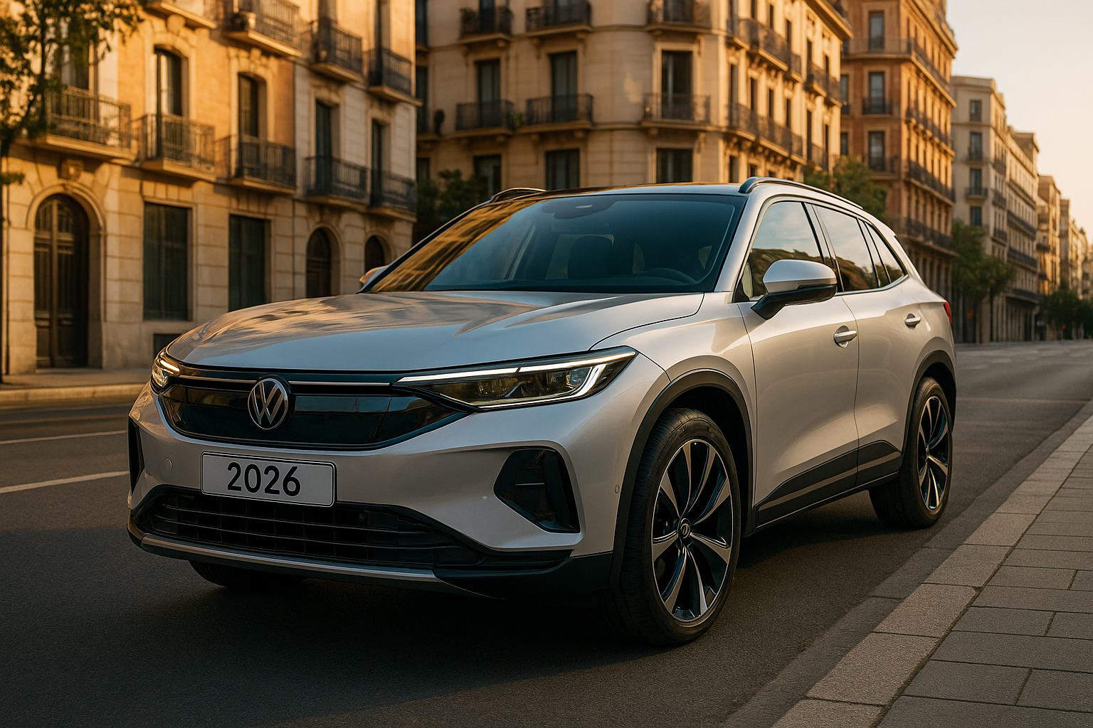 Coche nuevo en renting 2026, SUV moderno aparcado en ciudad española con arquitectura contemporánea