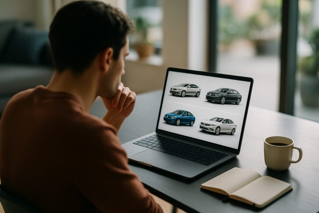 Persona comparando ofertas de renting de coches en BuscoRenting para elegir el contrato adecuado