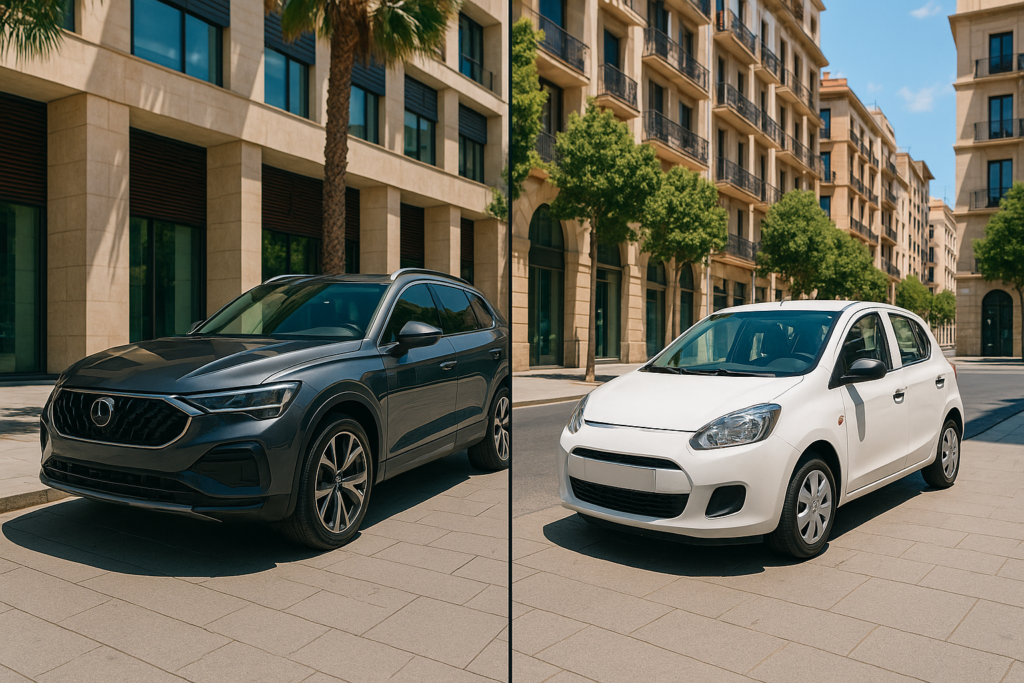 Comparativa entre un SUV premium y un utilitario económico para evaluar ofertas de renting por valor residual