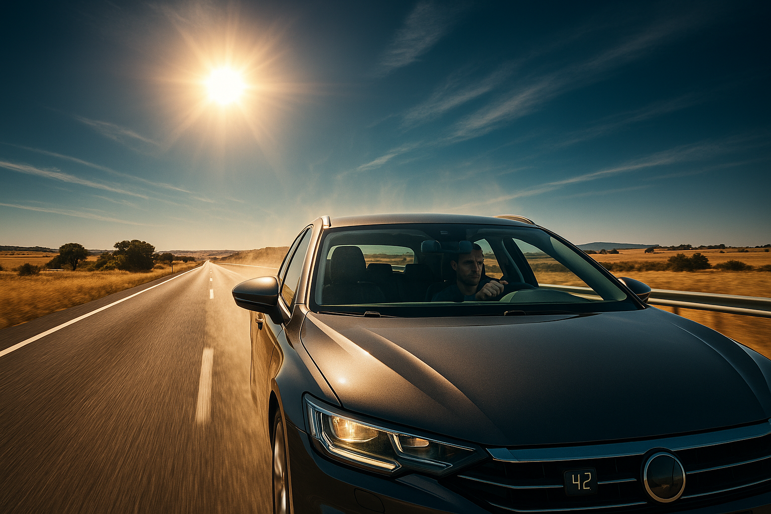 Conductor en coche bajo el calor extremo del verano en España, riesgo de golpe de calor al volante