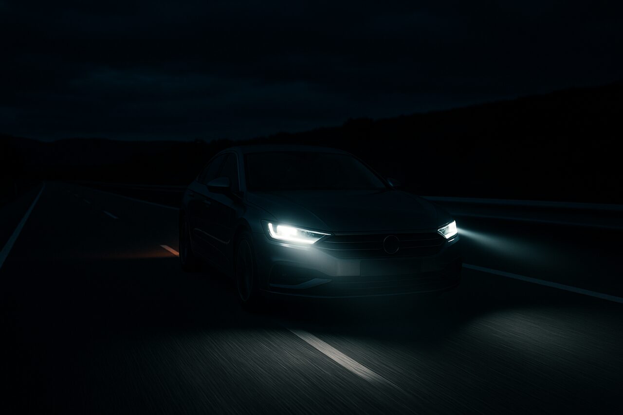Conductor conduciendo de noche en una carretera española con los faros encendidos iluminando el asfalto