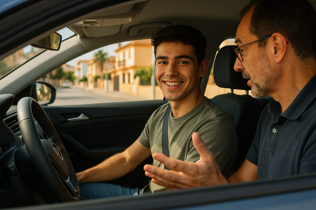 Conductor joven o novel al volante de un coche de renting con un familiar al lado en España