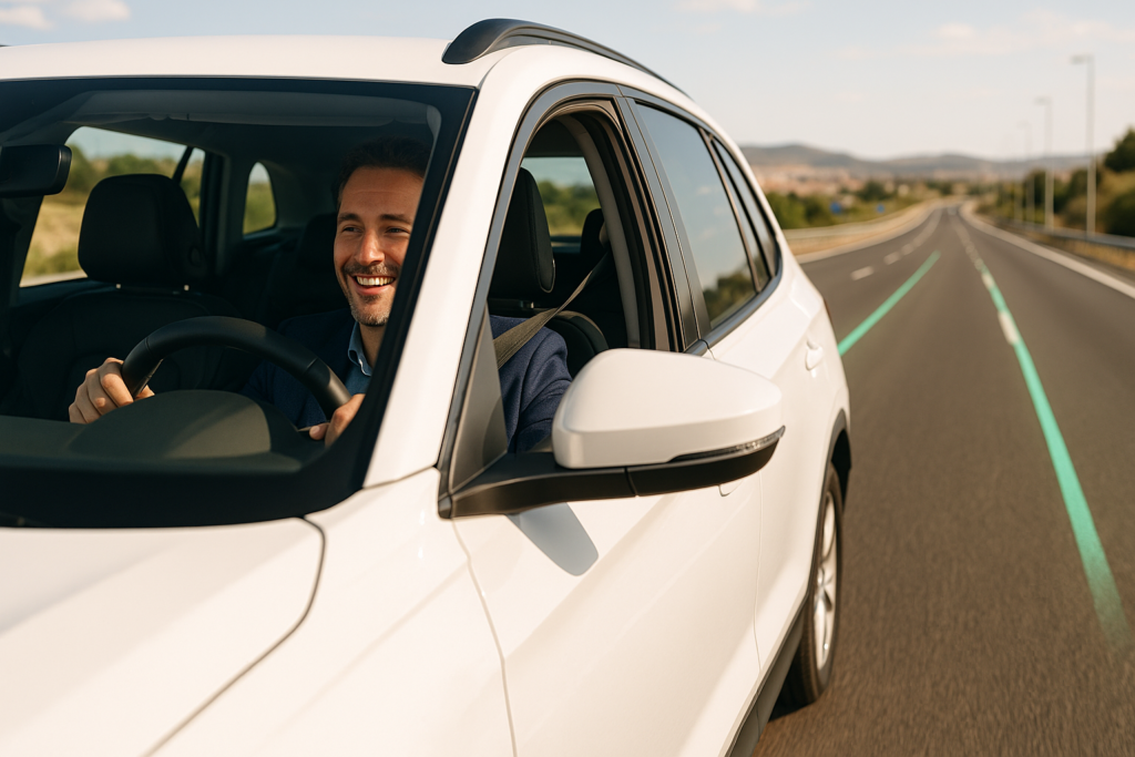 Conductor relajado al volante de un SUV de renting en España gracias a los sistemas ADAS de asistencia a la conducción