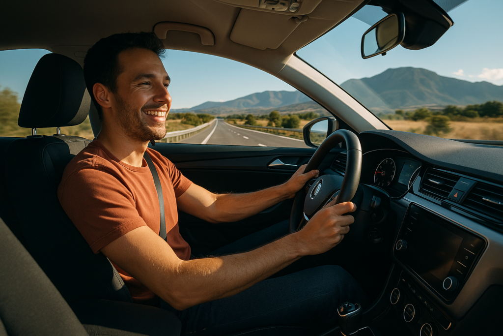 Conductor disfrutando de un coche en renting en España sin preocupaciones de seguro ni mantenimiento