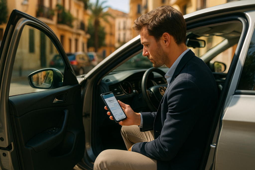 Conductor revisando el kilometraje de su coche de renting en una aplicación móvil para evitar penalizaciones