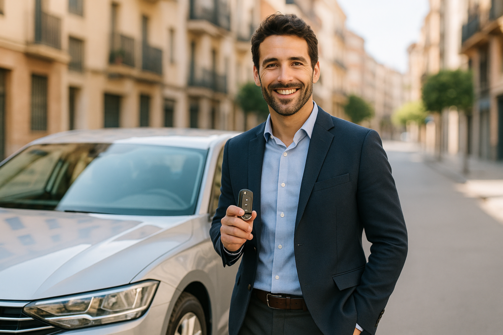 Conductor satisfecho con su coche de renting con cobertura completa contratado a través de un comparador en España