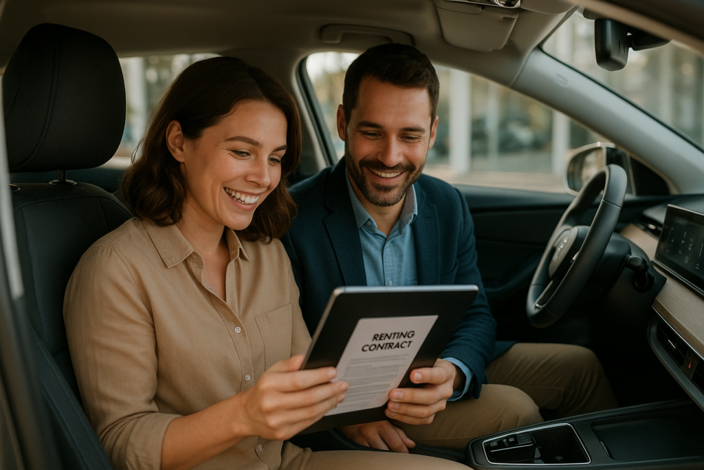 Pareja firmando contrato de renting de coche nuevo en España, interior de vehículo moderno con pantalla táctil