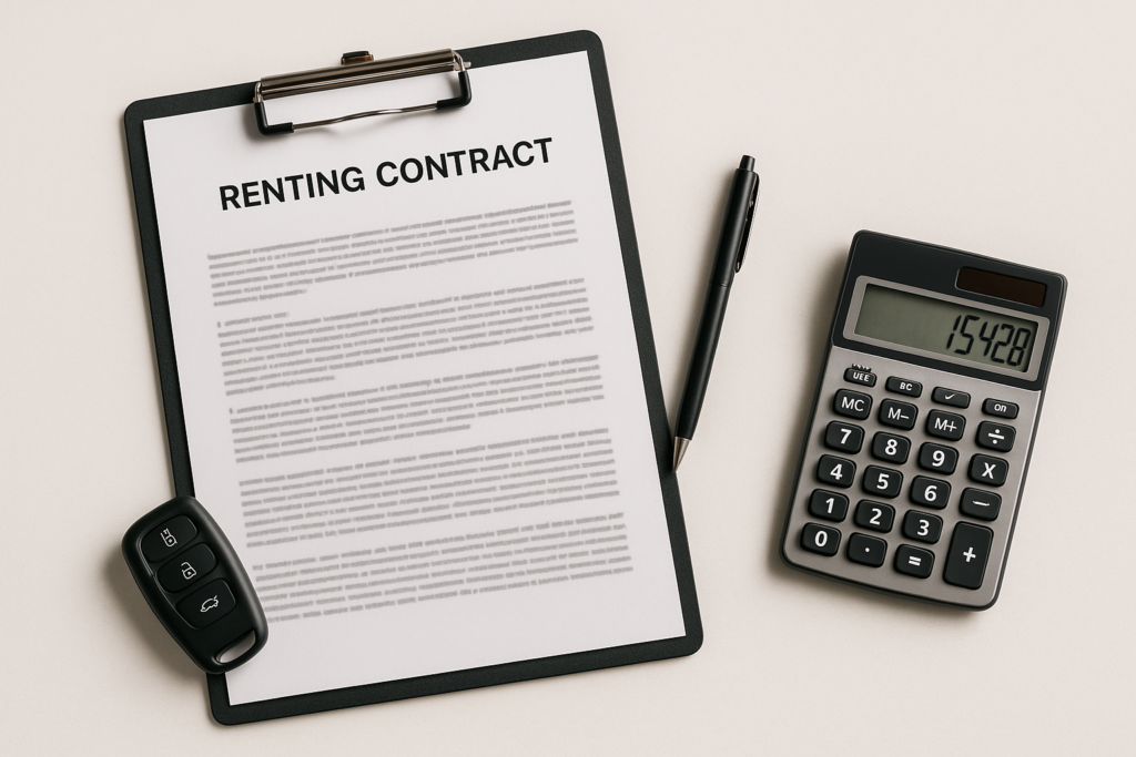 Contrato de renting con cláusulas de kilometraje y calculadora para estimar penalizaciones