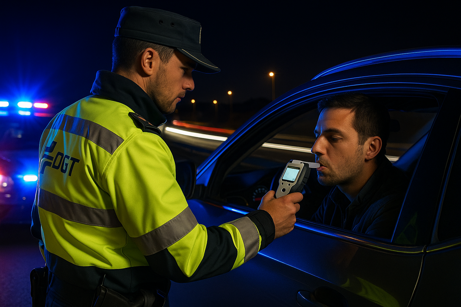 Control de alcoholemia de la DGT en España 2025, agente realizando prueba de alcoholemia a conductor