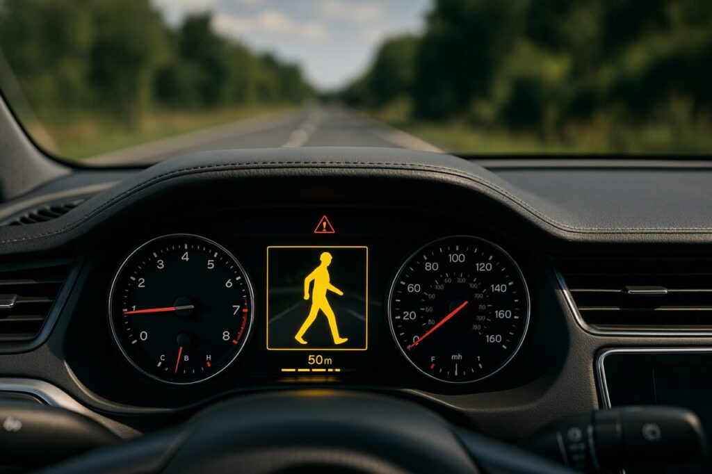 Sistema de detección automática de peatones en vehículo moderno mostrando tecnología V2X y frenado de emergencia en pantalla del coche