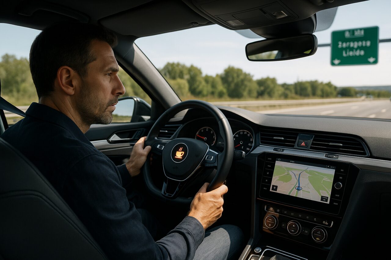 Sistema detector de fatiga al volante activando alerta en el cuadro de instrumentos de un coche moderno en carretera española