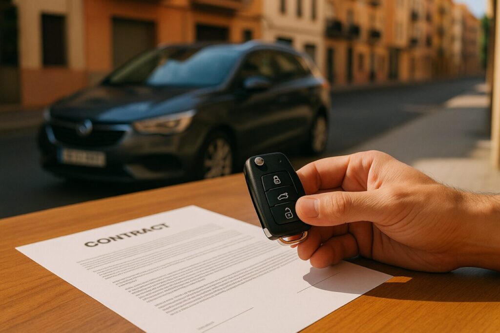 Devolución de vehículo de renting por impago con contrato y llaves del coche sobre la mesa