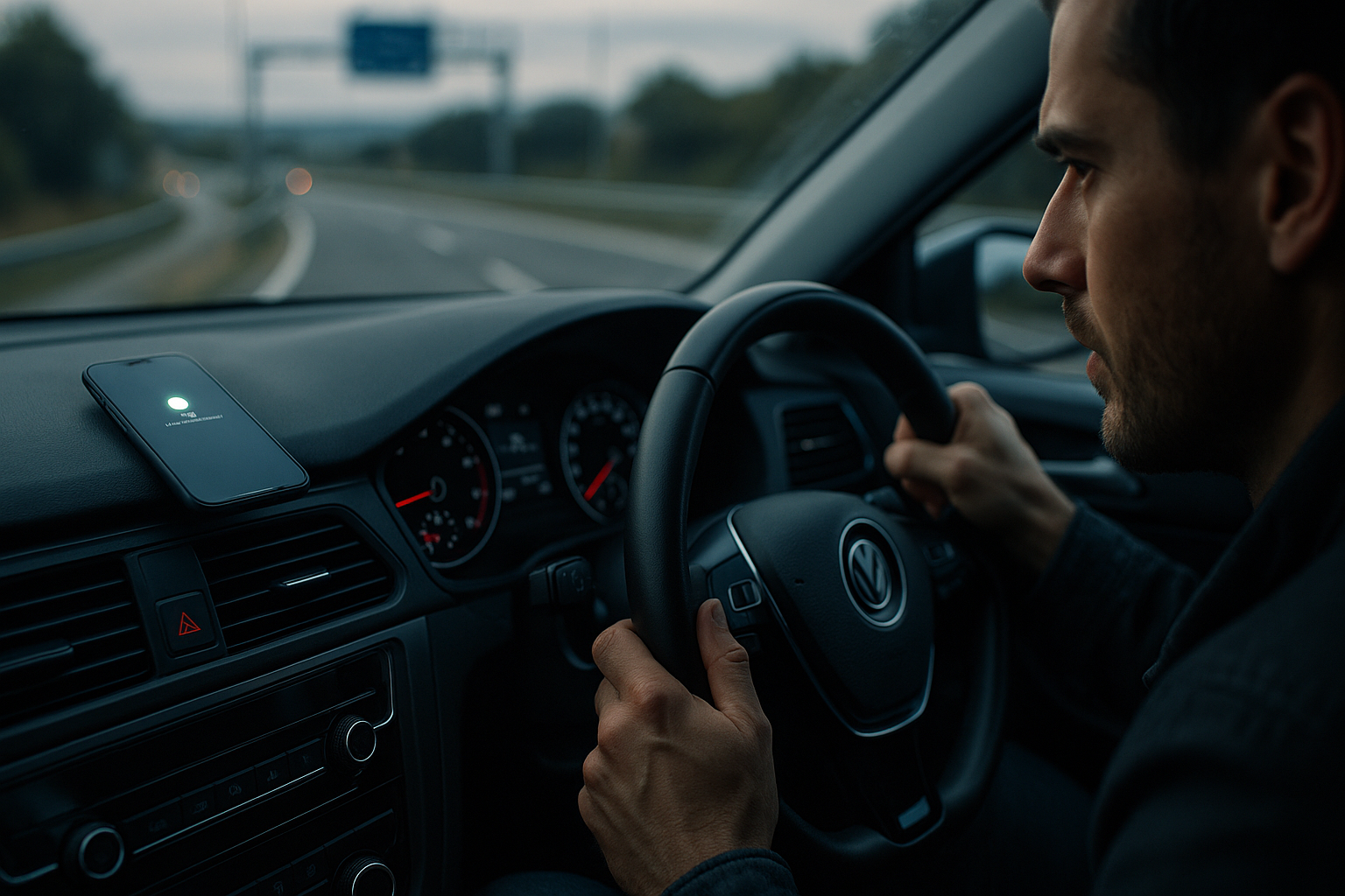 Conductor distraído por el móvil al volante en una carretera española
