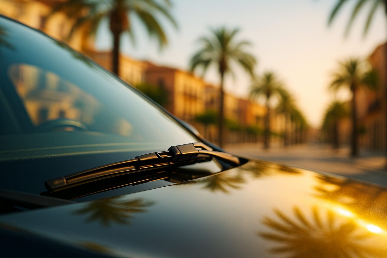 Escobilla limpiaparabrisas de coche en verano bajo el sol intenso, cuidado del parabrisas en renting