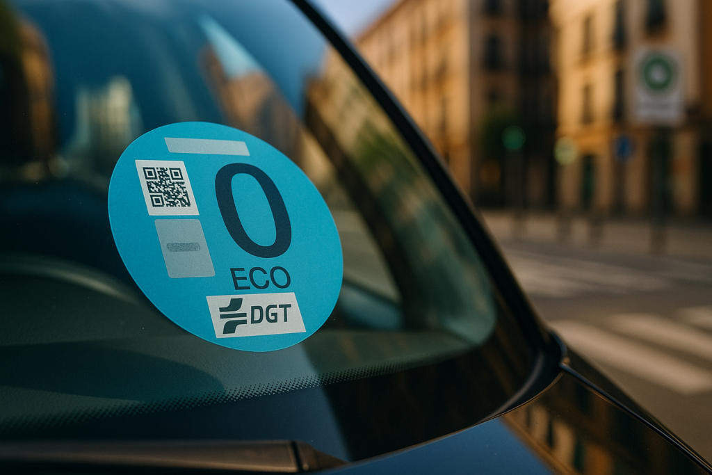 Etiqueta ambiental 0 Emisiones de la DGT en el parabrisas de un vehículo de renting en España
