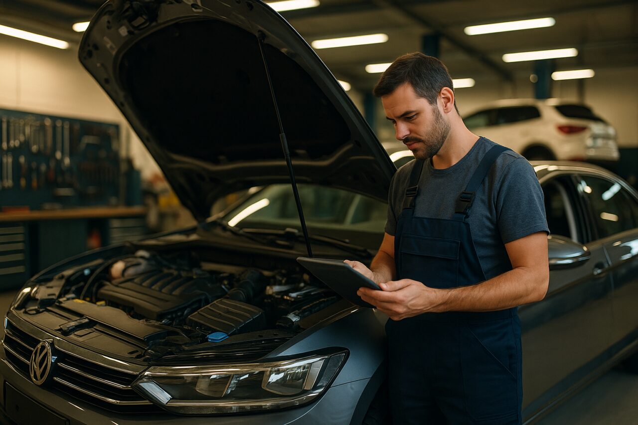 Mecánico revisando el motor de un coche en un taller moderno para prevenir fallos mecánicos
