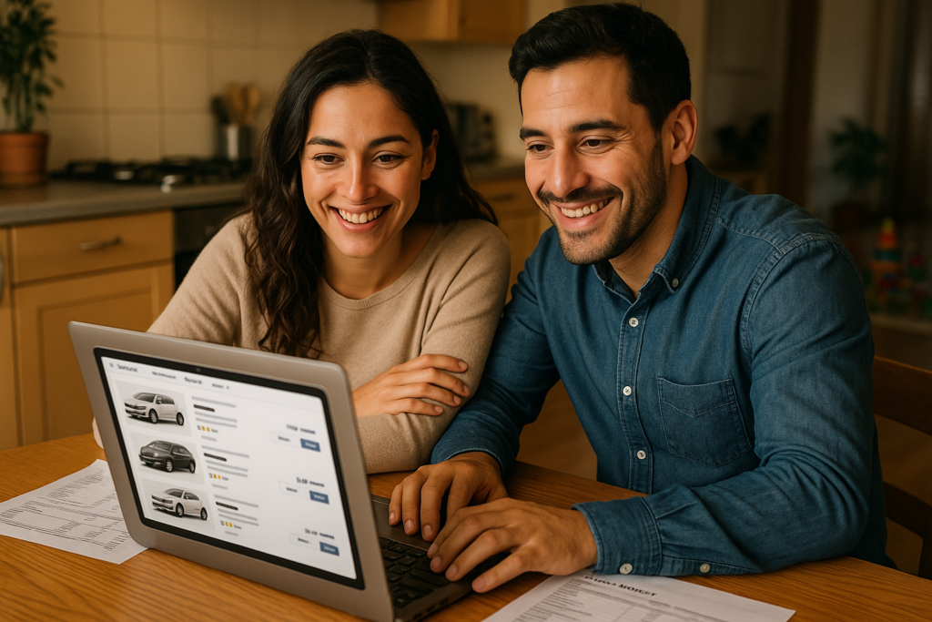 Pareja familiar comparando ofertas de renting de coches en BuscoRenting.com para encontrar el vehículo familiar ideal sin entrada