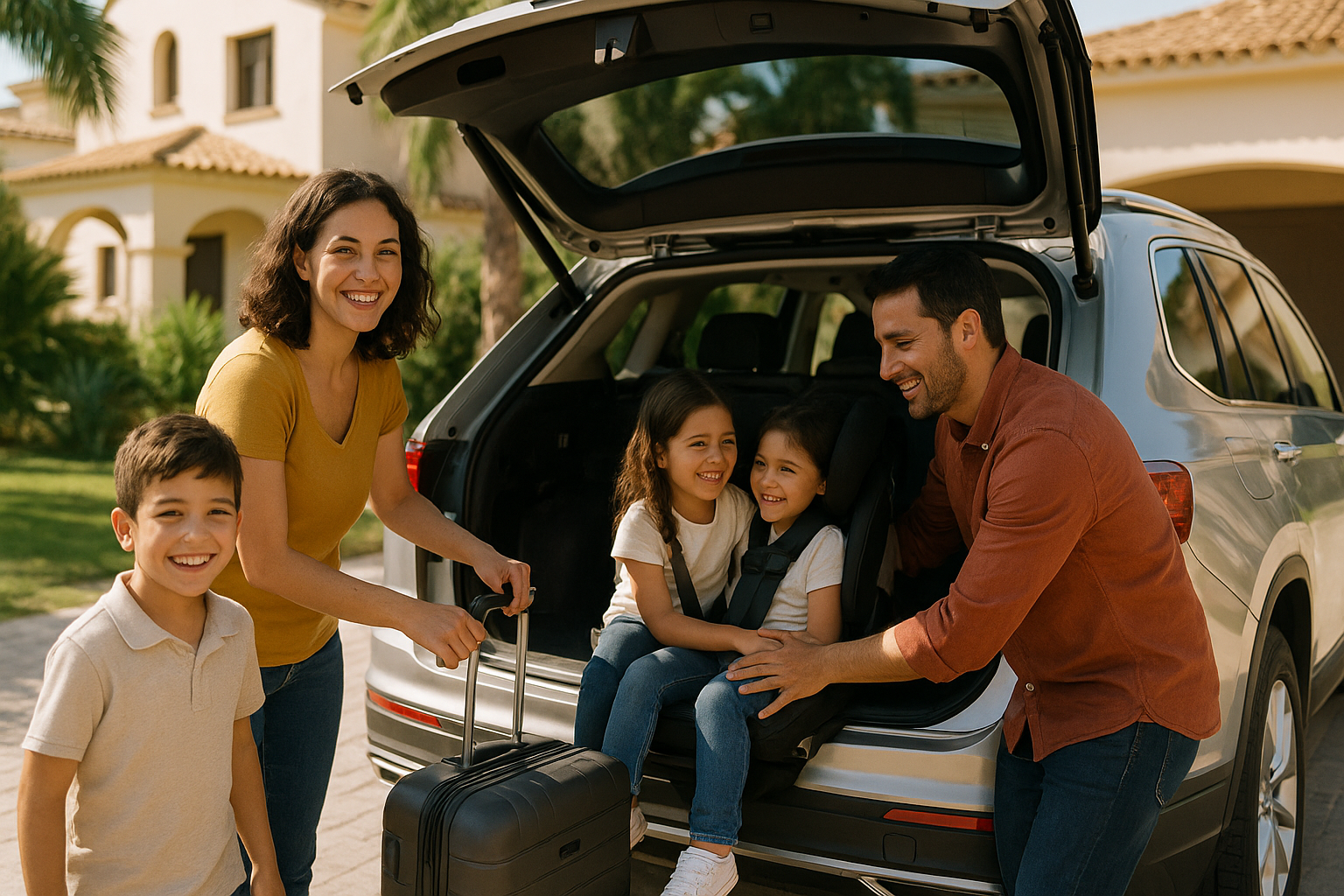 Familia española con niños pequeños subiendo a un SUV familiar en renting, con sillas infantiles instaladas en los asientos traseros