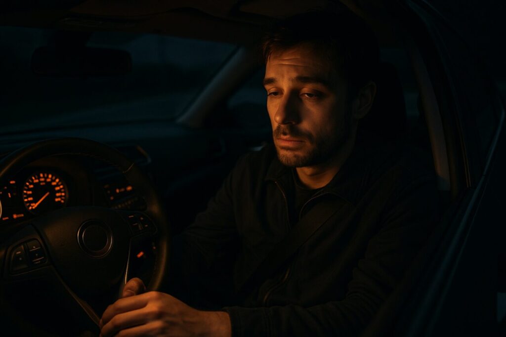 Conductor fatigado al volante de noche mostrando los peligros de la fatiga nocturna en carretera