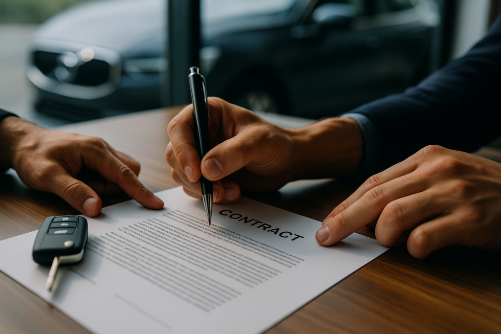 Firma de contrato de renting compartido con llaves de coche sobre la mesa
