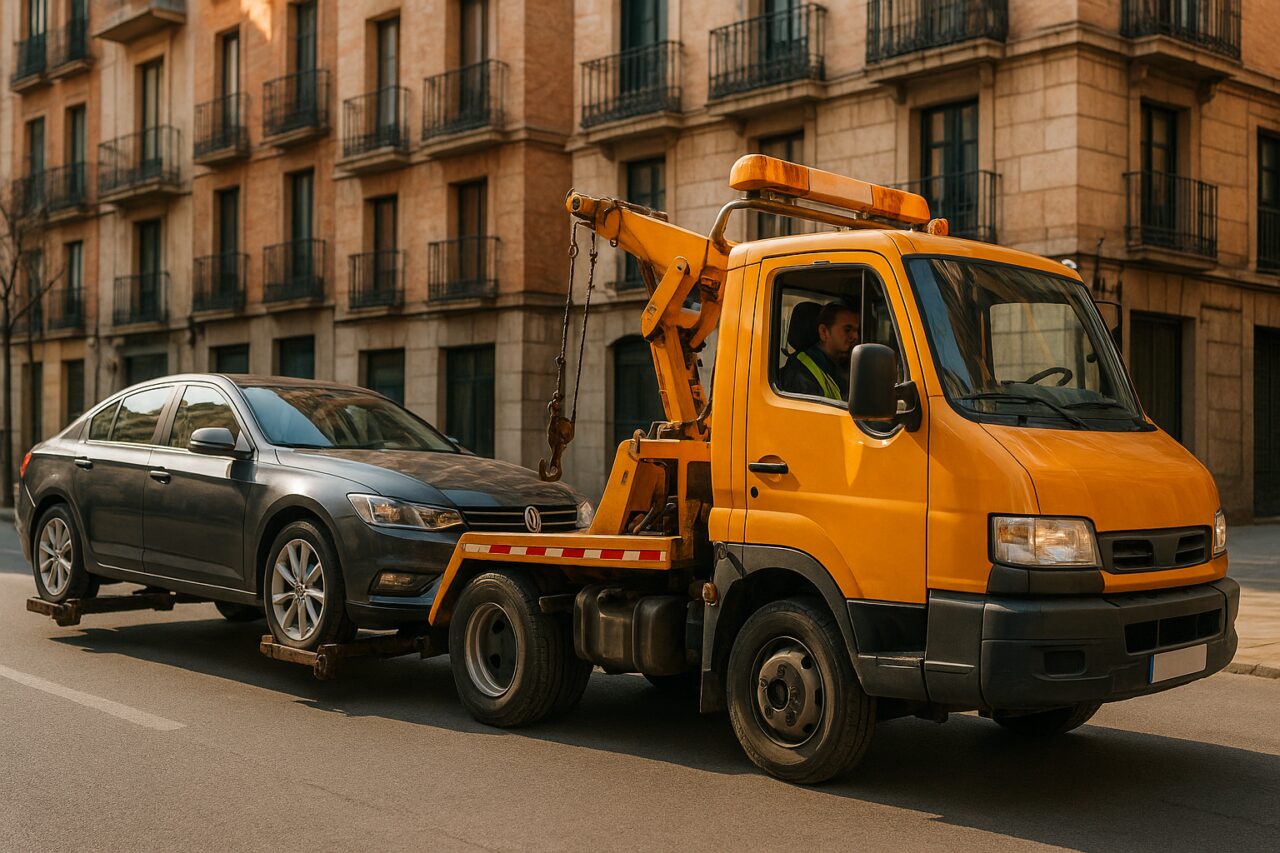 Grúa municipal remolcando un coche de renting en una calle de una ciudad española