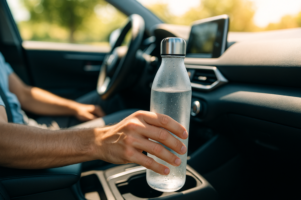 Hidratación al volante en verano, botella de agua en el coche para prevenir el golpe de calor