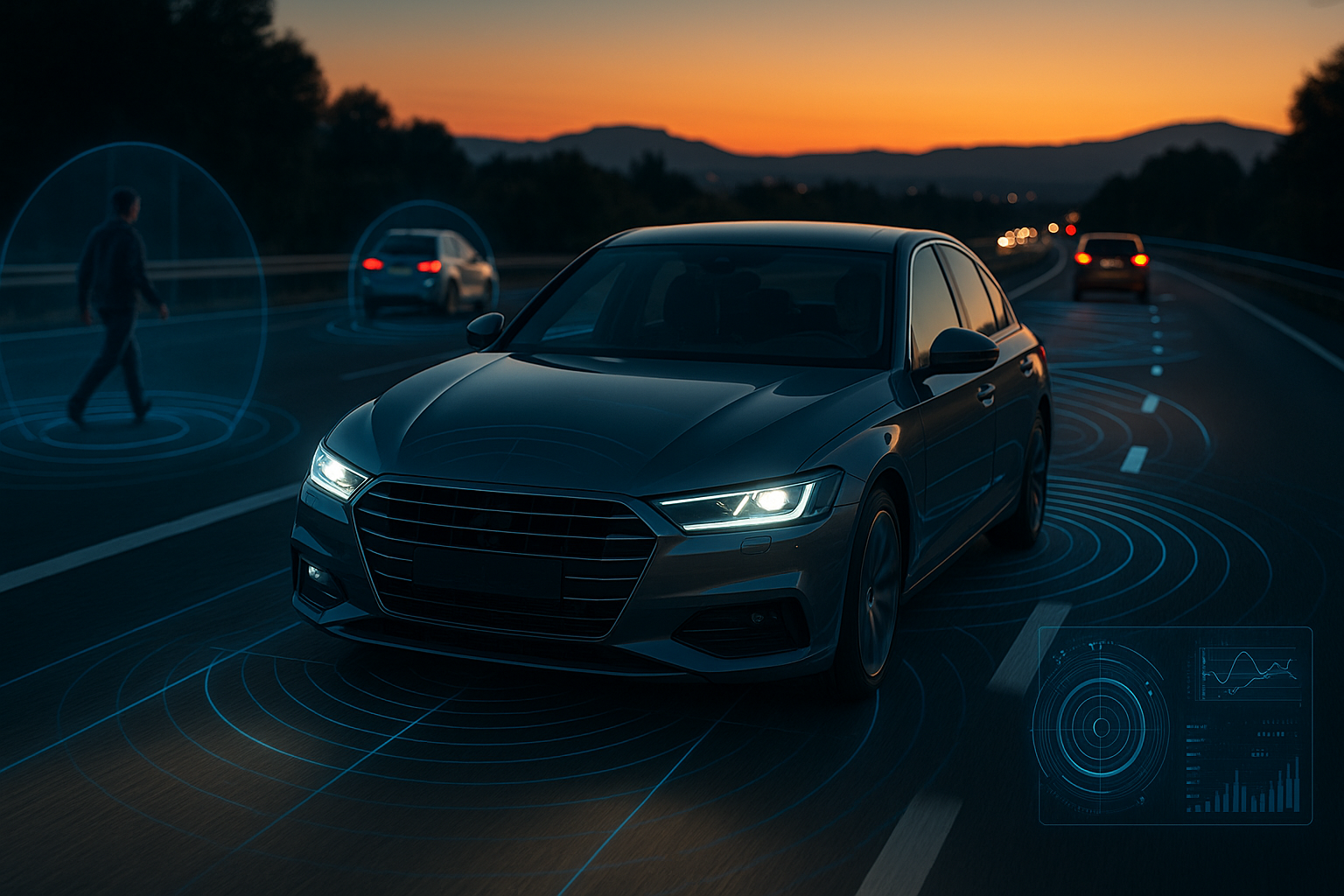 Inteligencia artificial en la seguridad vial: coche moderno con sistemas ADAS activos en carretera española al atardecer