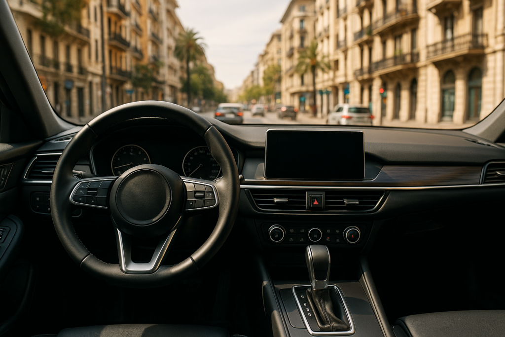 Interior de coche automático en conducción urbana, ideal para renting con cambio automático