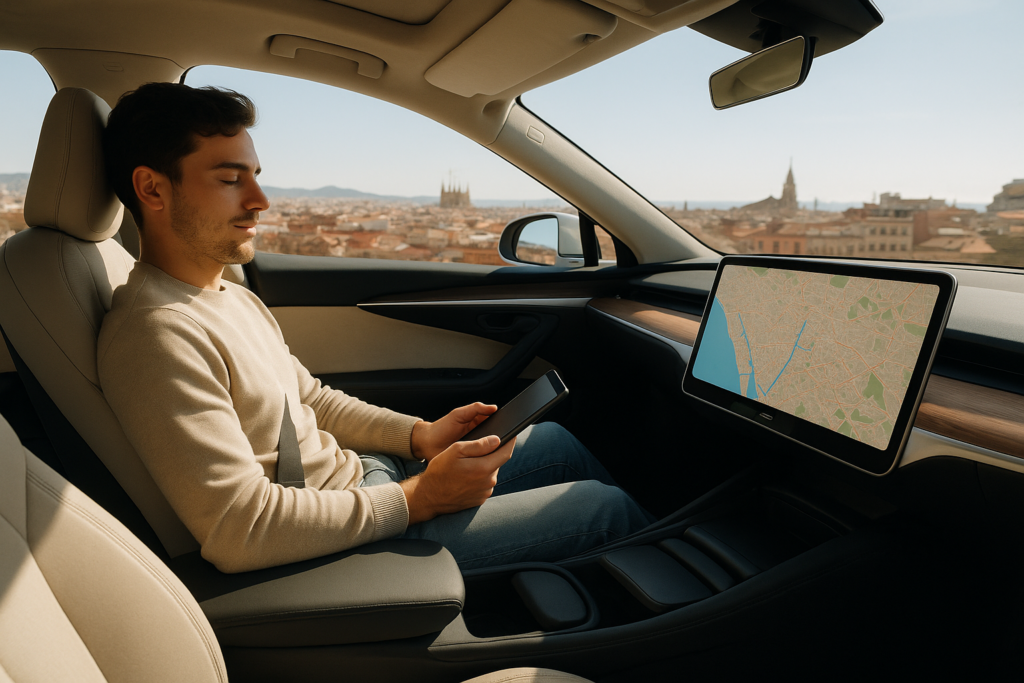 Interior de coche autónomo con pasajero sin necesidad de conducir, ideal para renting