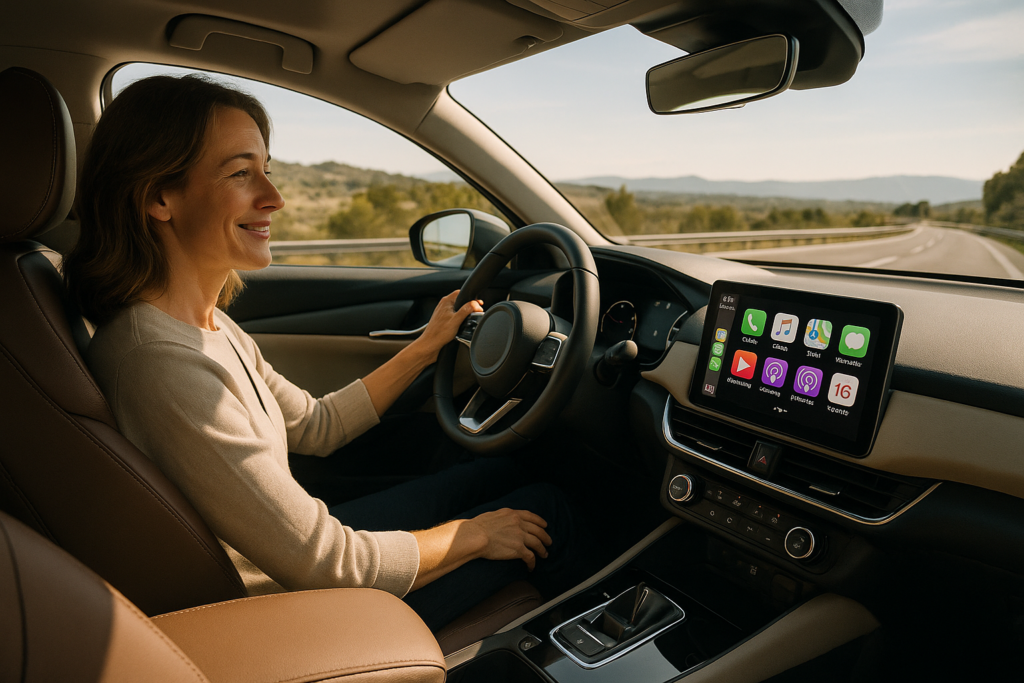 Interior moderno de un coche en renting con pantalla táctil, conectividad y sistemas de seguridad activa de última generación