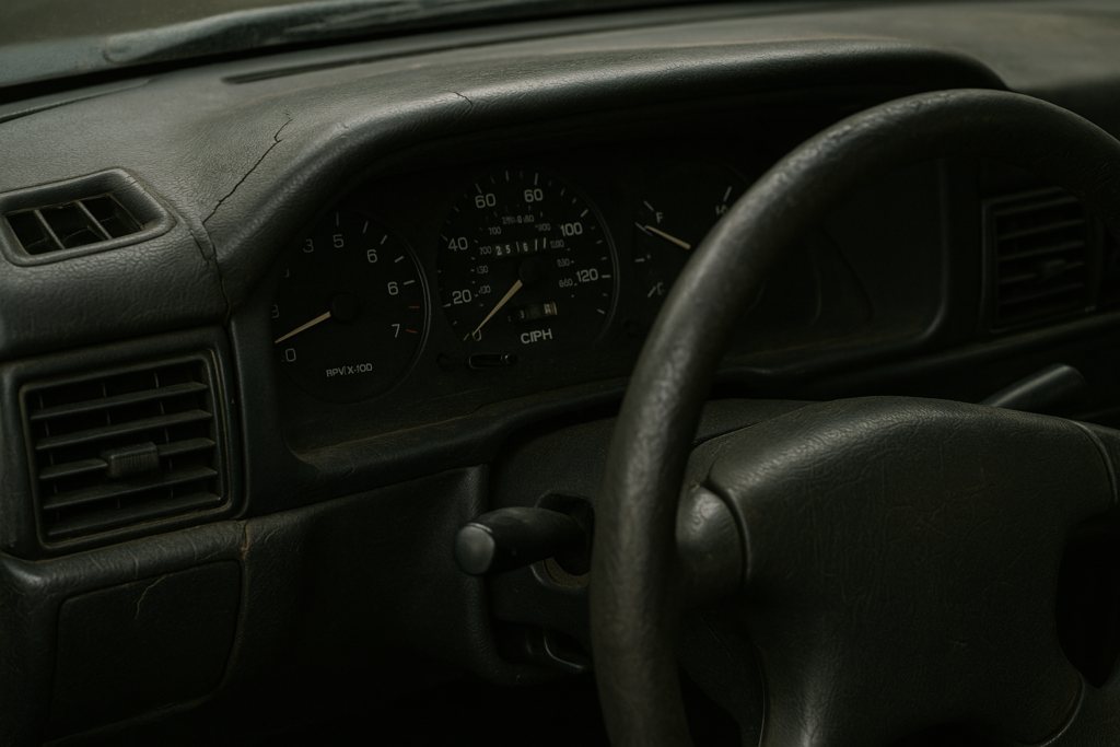 Interior desgastado de un coche viejo con testigos encendidos y alto kilometraje, señal de que es momento de cambiar de vehículo