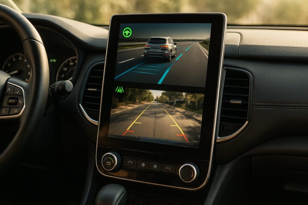 Interior de coche moderno en renting con sistemas de asistencia a la conducción para mayor seguridad