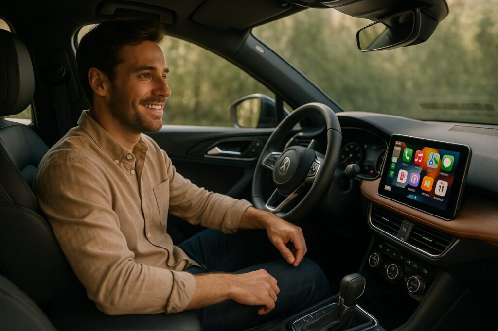 Joven autónomo conduciendo un coche de renting con pantalla táctil y conectividad, ventajas del renting para millennials y generación Z