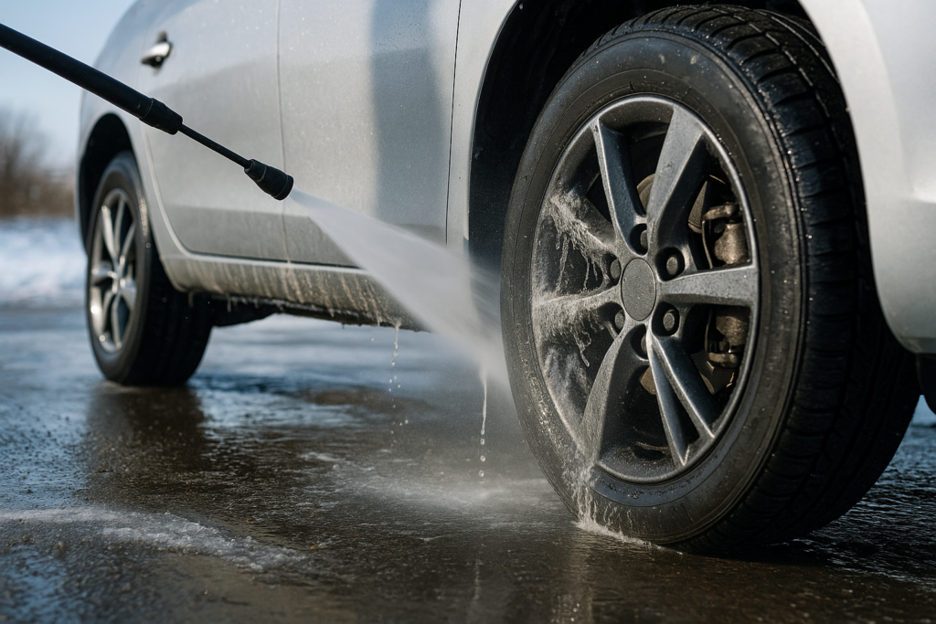 Lavado de los bajos del coche en invierno para eliminar la sal de la carretera y prevenir la corrosión de la pintura