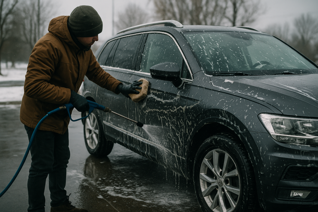 Lavado de coche de renting en invierno para proteger la carrocería de la sal y la corrosión