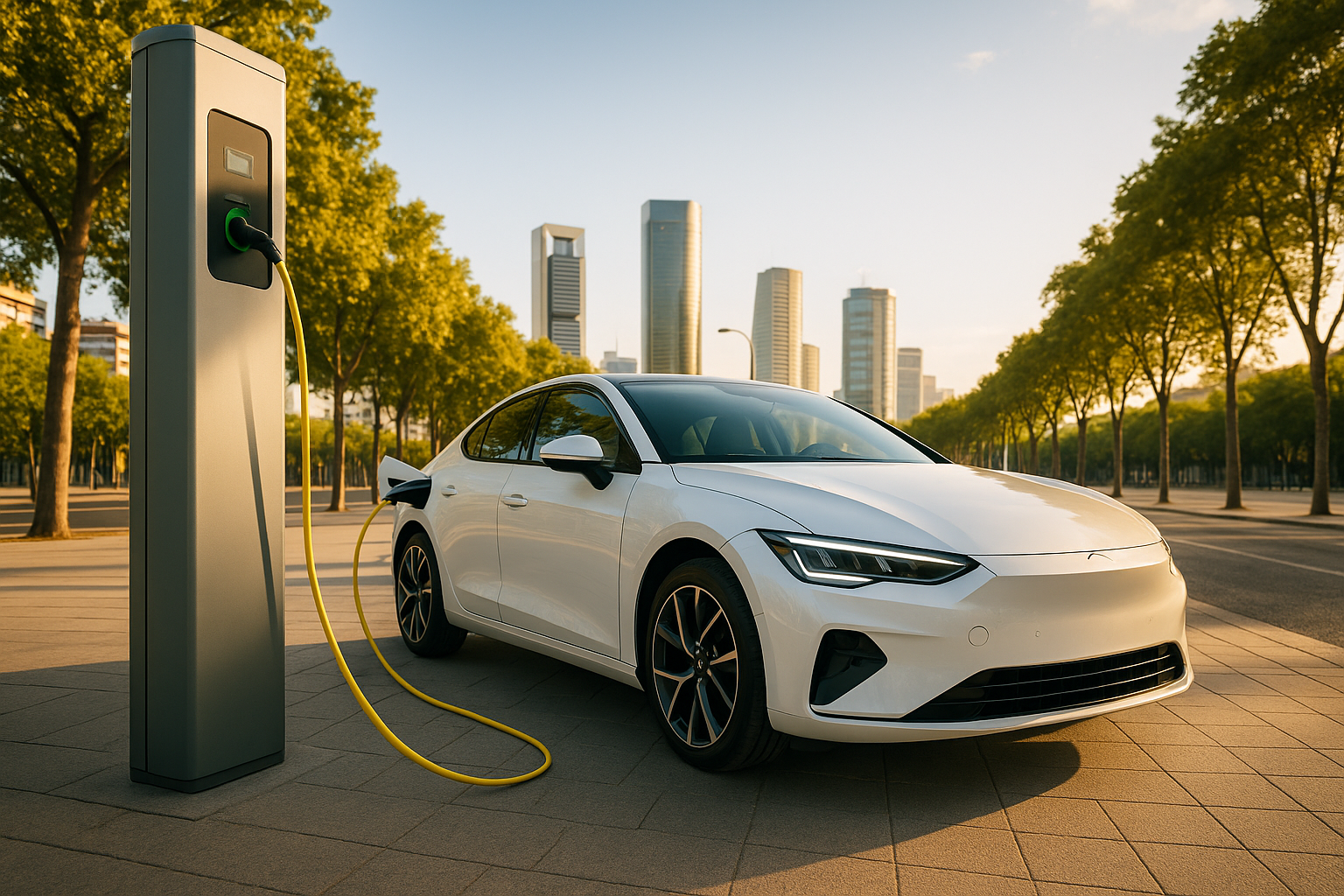 Coche eléctrico cargando en una estación pública en una ciudad española, representando la Ley de Movilidad Sostenible
