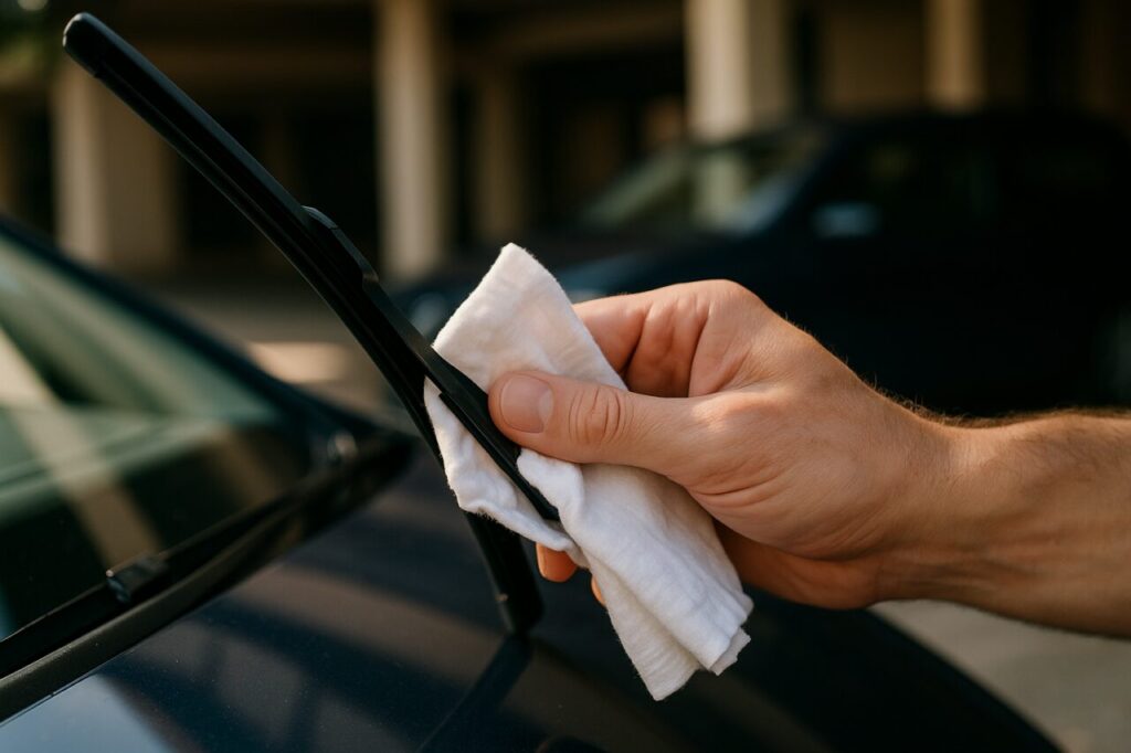 Persona limpiando escobilla limpiaparabrisas con trapo húmedo, mantenimiento preventivo del coche en verano