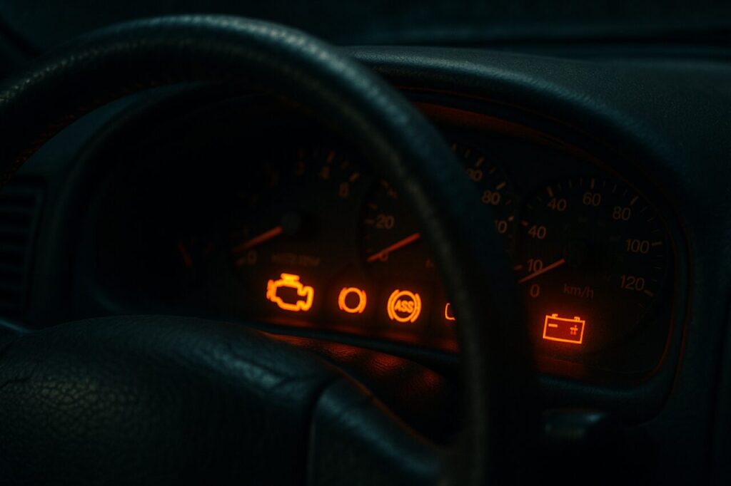Luces de aviso encendidas en el cuadro de mandos de un coche antiguo con problemas mecánicos